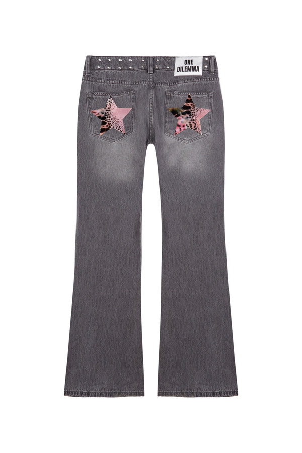 PRINT STARS FLARED GREY JEANS