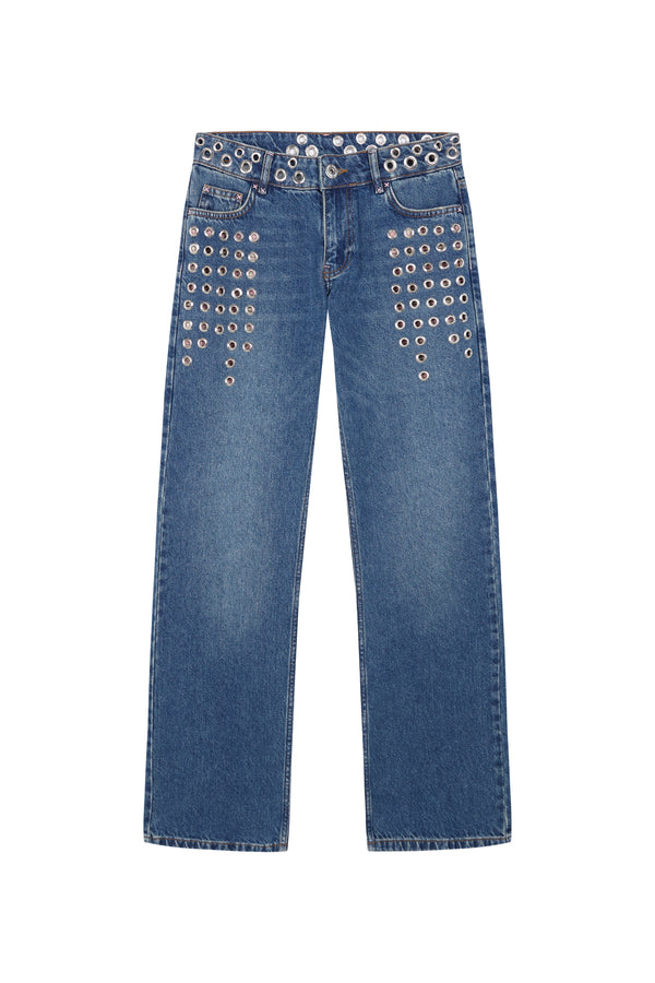 STRAIGHT LEG DISTRESSED STUDDED JEANS
