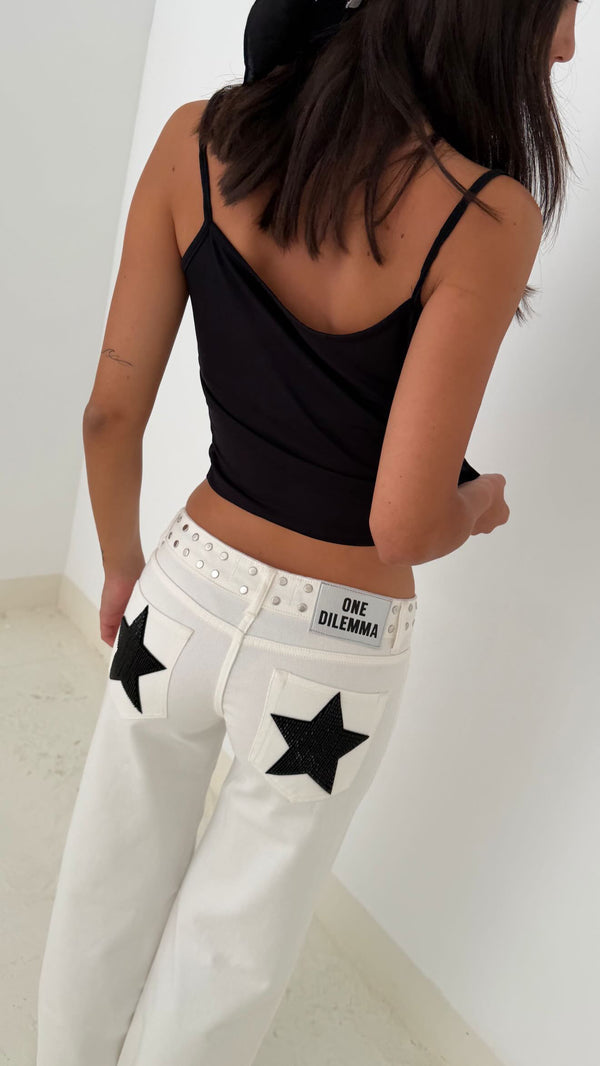 WHITE JEANS BLACK BEADS STAR