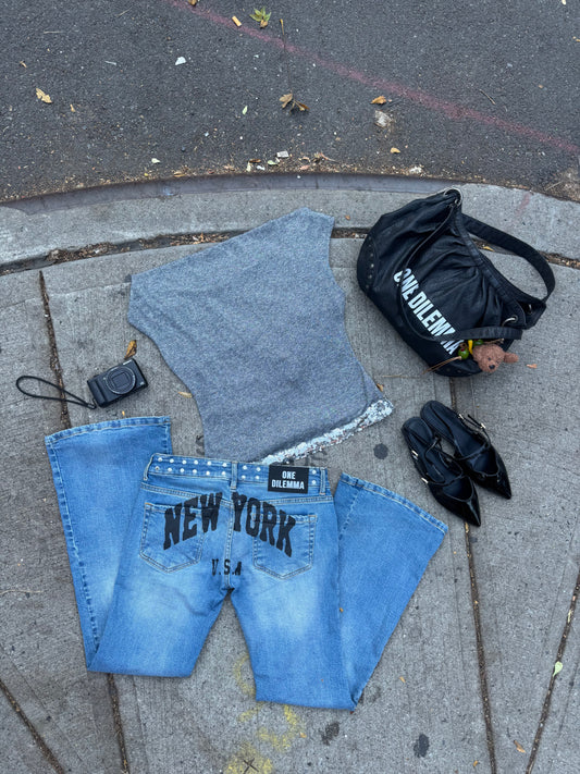 NEW YORK PRINT FLARED BLUE JEANS