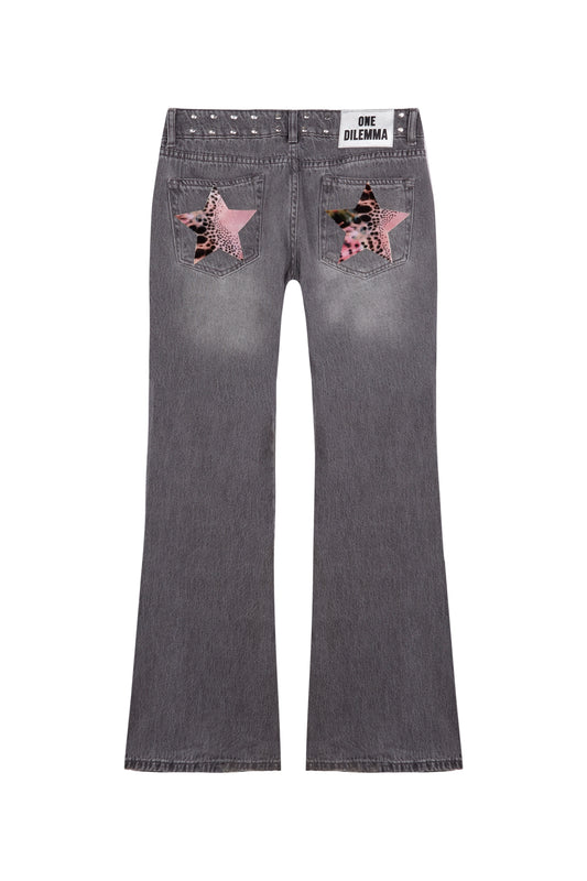 PRINT STARS FLARED GREY JEANS