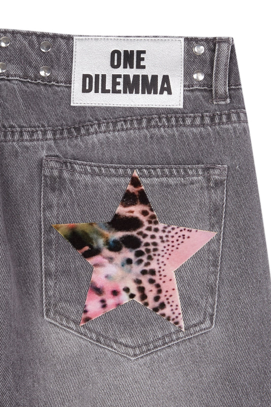 PRINT STARS FLARED GREY JEANS