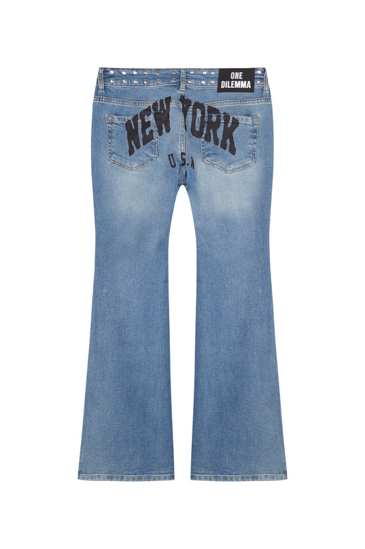 NEW YORK PRINT FLARED BLUE JEANS