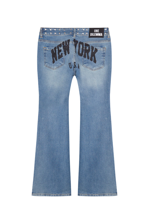 NEW YORK PRINT FLARED BLUE JEANS