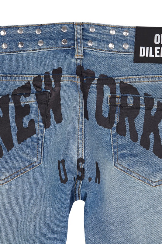 NEW YORK PRINT FLARED BLUE JEANS