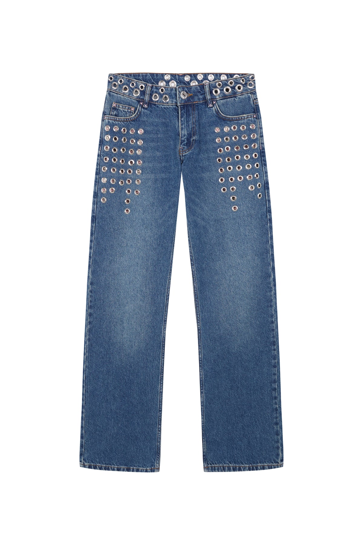 STRAIGHT LEG DISTRESSED STUDDED JEANS