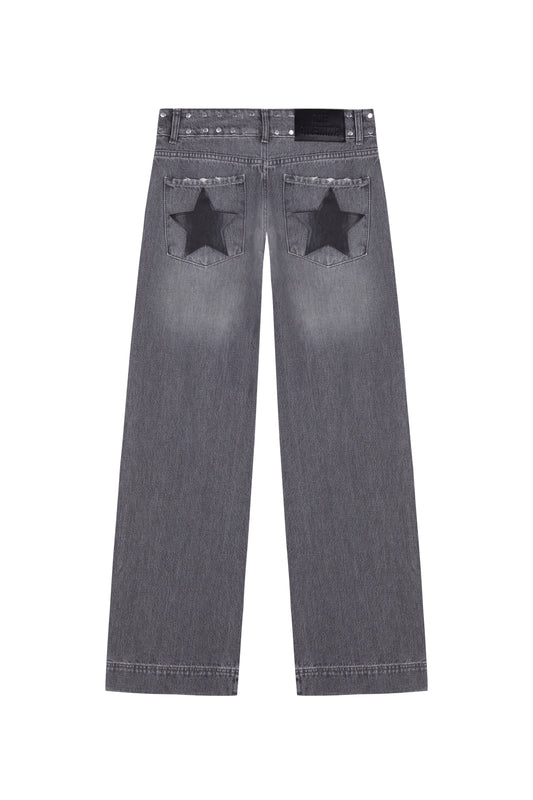 GREY JEANS BLACK LEATHER STAR