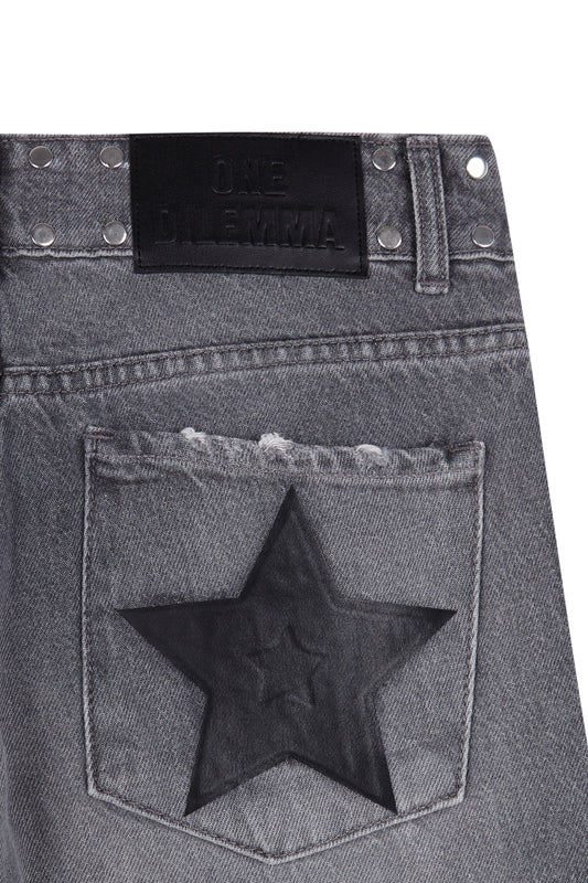 GREY JEANS BLACK LEATHER STAR