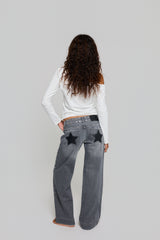 GREY JEANS BLACK LEATHER STAR