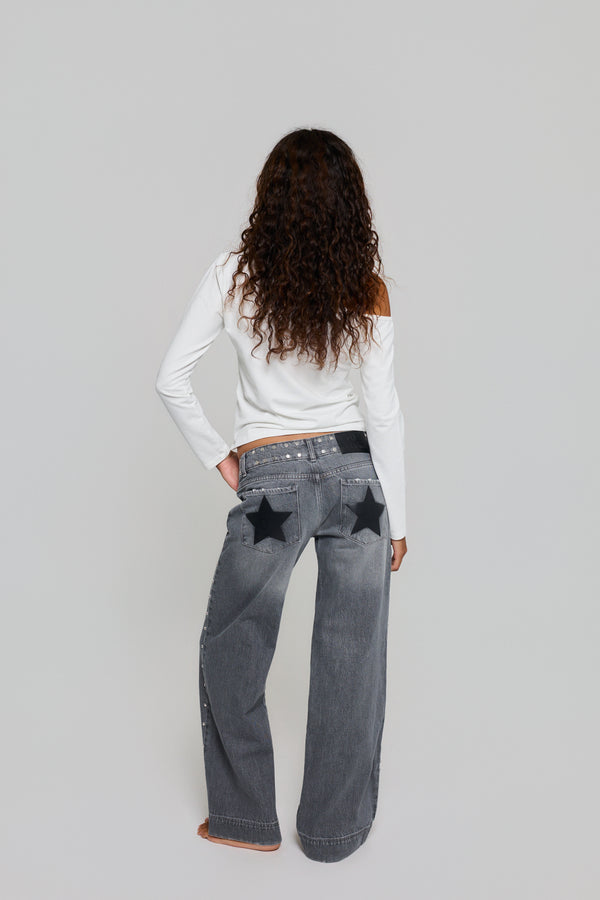 GREY JEANS BLACK LEATHER STAR
