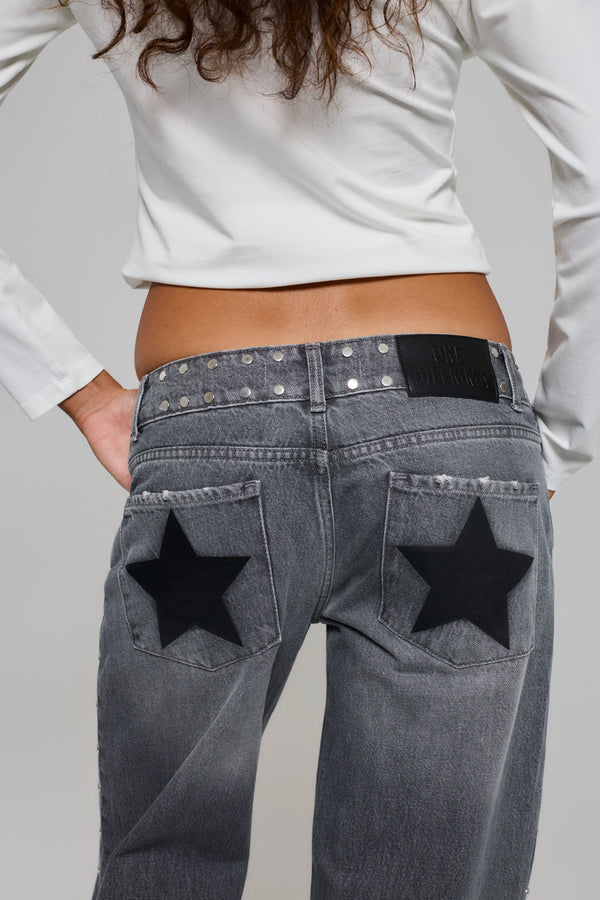 GREY JEANS BLACK LEATHER STAR