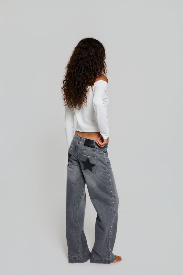 GREY JEANS BLACK LEATHER STAR