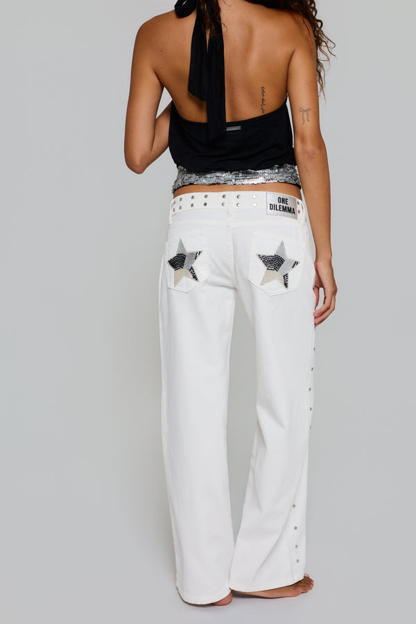 WHITE JEANS SILVER BEADS STAR