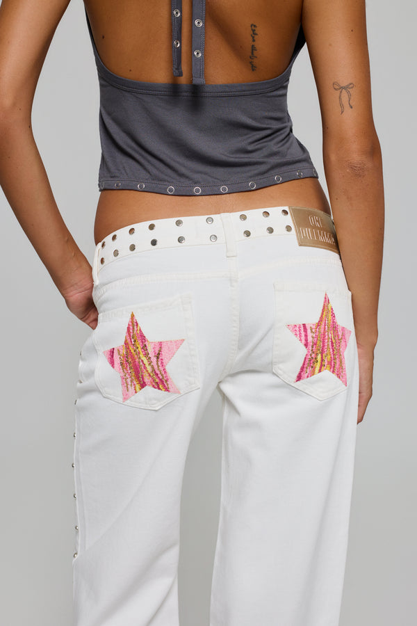 WHITE JEANS PINK PRINT STAR