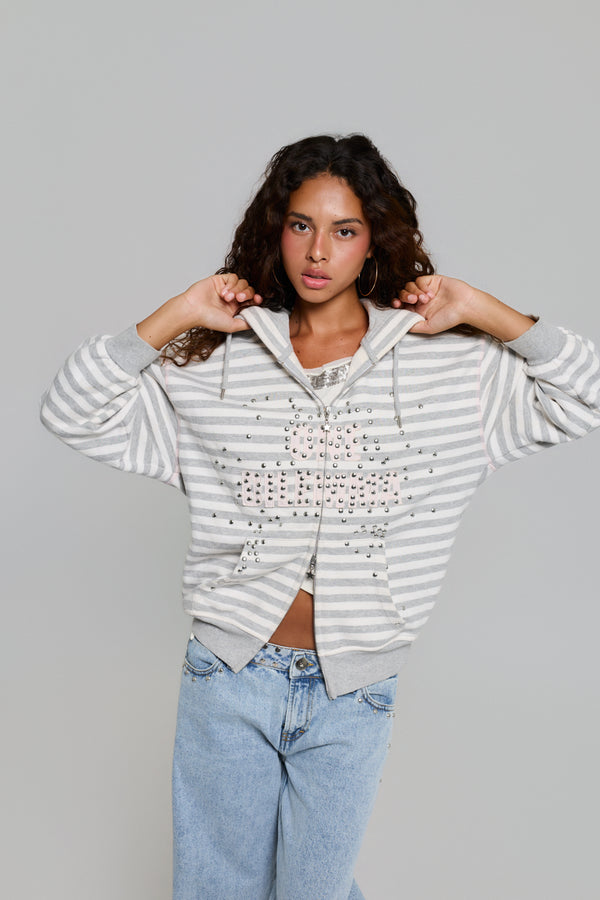 Chaos Grey Striped Zipper Hoodie