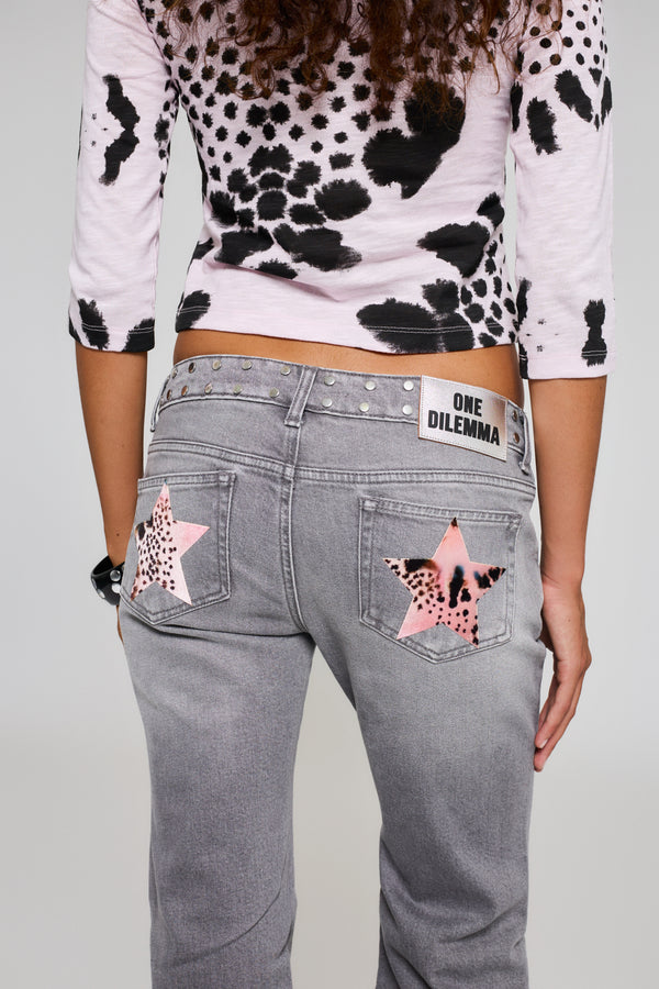 PRINT STARS FLARED GREY JEANS