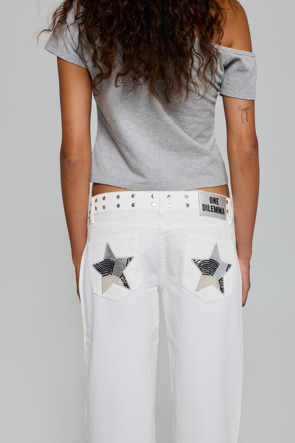 WHITE JEANS SILVER BEADS STAR